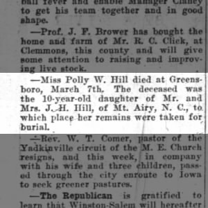 Obituary for Polly W. Hill