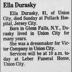 Ella Durasky 19 Nov 1995 Death Notice