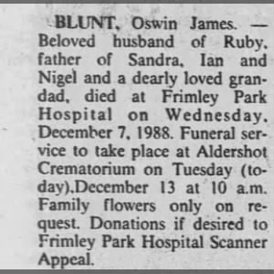Obituary for Oswin BLUNT James