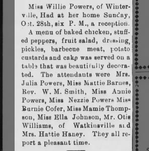 Miss Willie Powers, Mrs. Julia Powers, Miss Annie Powers mentioned in article