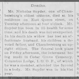 Nicholas Snyder of Chambersburg dies.