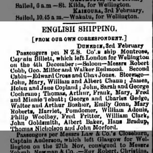 Walker Redmond: "Montrose", London (4 Dec 1882) to Wellington, NZ