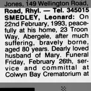 Obituary for Leonard SMEDLEY