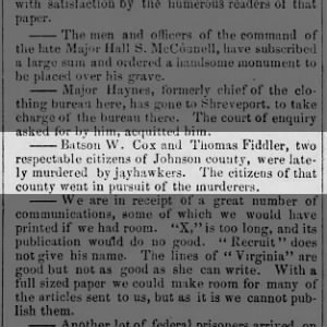 Batson W Cox & Thomas Fiddler Murdered, The True Democrat, May 27, 1863, pg1