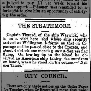 Possible Tizzard visit to Nelson NZ 1876 on the ship Warwick?