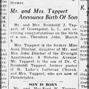 Theodore Tappert birth announcement 