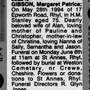 Obituary for Margaret GIBSON Patrlca