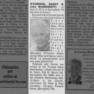 Obituary for NANCY B O'CONNOR