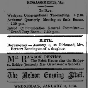 Birth of Daughter - Bonnington, Herbert - 8 Jan 1873