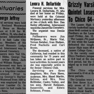 1973-1 obituary, Lenora Henrix Dollarhide