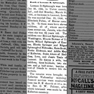 Obituary: Lorenzo Dow Spitznogle death March 26 1906