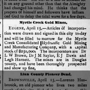 1890 04 16 LEGH HARNETT, Myrtle Creek mining co., Albany Daily Democrat,P1,C5,Mid,V2,No283-SRM