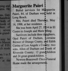 Obituary for Marguerite Ming Paieri 1998
