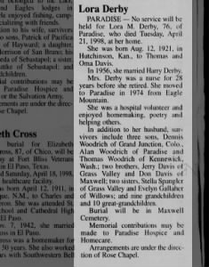 Obituary for Lora M Derby