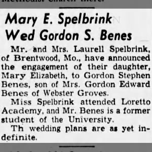 Benes_Gordon S & Spelbrink_Mary E - 1943 Engagement Announcement