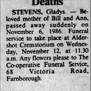 Obituary for Gladys STEVENS