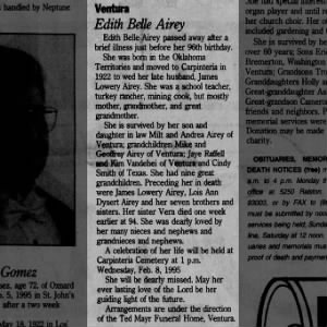 Obituary for Ventura Edith Belle Airey