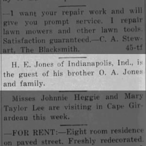 H. E. Jones of Indianapolis, Ind., is the guest of his brother O. A. Jones and family.