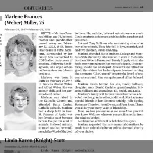 Obituary for Marlene Frances Miller