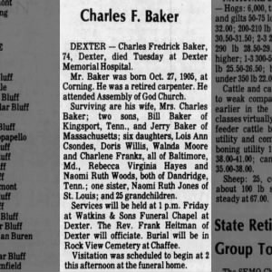 Obituary for Charles Fredrick Baker, aged 74 years