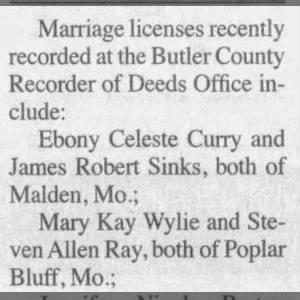 Marriage License Steven Allen Ray and Mary Kay Wylie