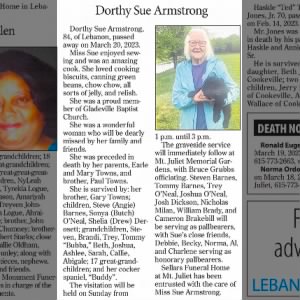Dorthy Sue Armstrong obit