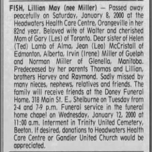 Death notice, Fish, Lillian May (nee Miller)