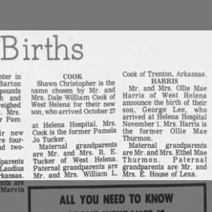 Birth Announcement - Shawn Christoper Cook - 15 Nov 1978 - The Twin City Tribune - Pg4
