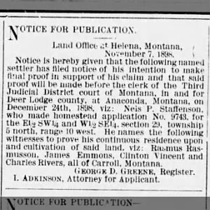 Clinton Vincent Homestead Application Anaconda November 7, 1898.