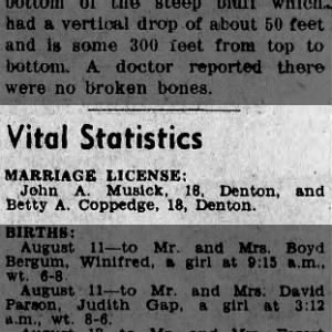John Musick and Betty Coppedge marriage license in Newspaper 