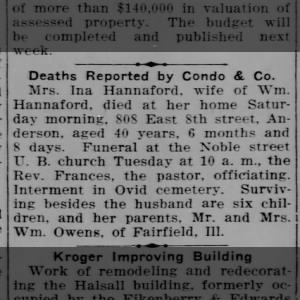 Ina Owen Hannaford dies age 40 per notice in 1931