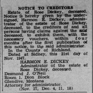 Notice to Creditors of Estate of Rose Dickey