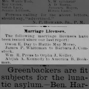 Marriage License: Owen E. Day and Hattie May Morse