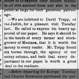 1889 David Trepp praises newspaper for estray column