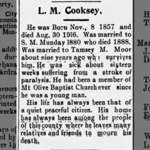 Cooksey, Louis M. Cooksey Obituary 07 Sep 1916