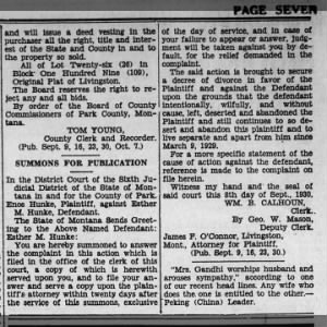 23 September 1930 Summons for Esther - Enos files for divorce