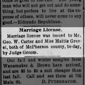 Marriage License - George W. Carter and Mattie Gravel 1893