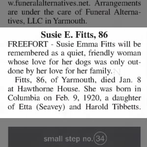 Susie Emma Fitts 1920-2007 Obituary; 11 Jan 2007 Northern Forecaster