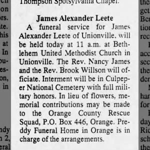 James Alexander Leete obituary
Culpeper Star Exponent March 5, 1992