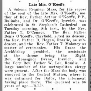 Mrs O'Keeffe death Dalby 1924
