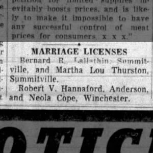 Robert Vanlin Hannaford 1951 marriage license