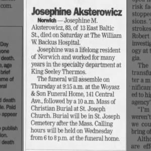 Obituary for Josephine M Aksterowicz
