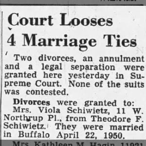 Divorce of Theodore F. Schiwietz and Viola (Harrington) Schiwietz.