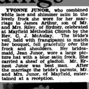 Marriage Yvonne JUNOR & James Arthur RILEY
