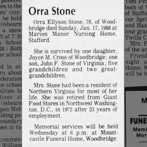 Obituary Orra Stone