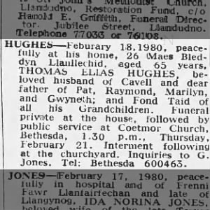 Thomas Elias Hughes, 26 Maes Bleddyn, Llanllechid