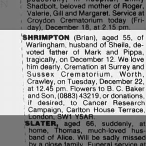 Obituary for  SHRIMPTON