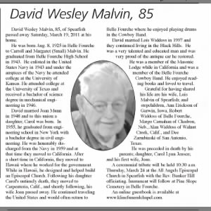 Obituary for David W esley Malvin