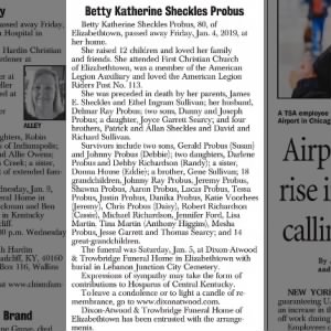 Obituary for Betty Katherine Sheckles Probus