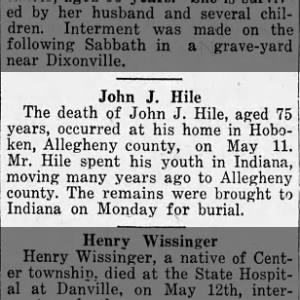 John J. Hile death notice Blairsville Enterprise